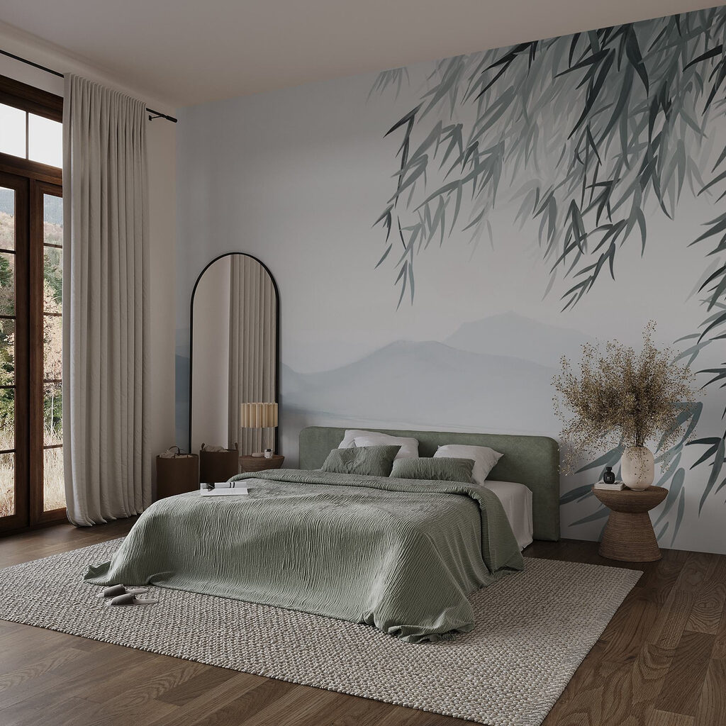 Water and trees with mountains in the background