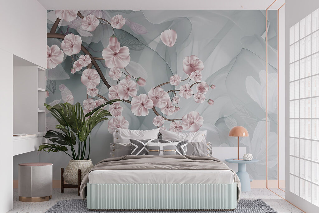 Branch with pink flowers and white flowers Branch with pink flowers and white flowers