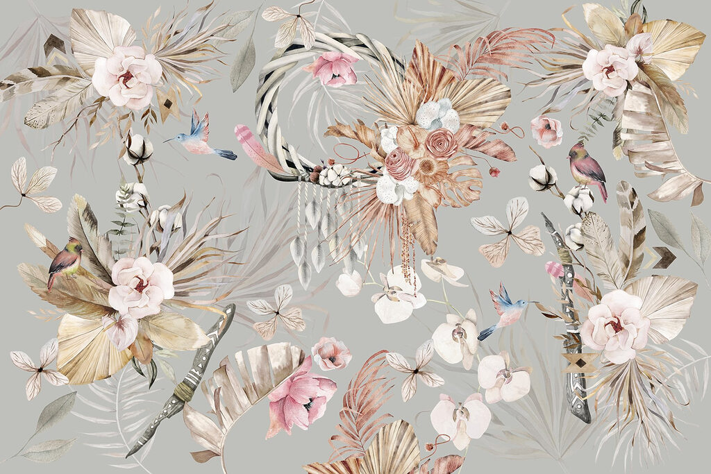 Papier peint avec des fleurs et des plumes Papier peint avec des fleurs et des plumes
