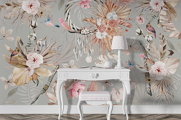 Papier peint avec des fleurs et des plumes Papier peint avec des fleurs et des plumes