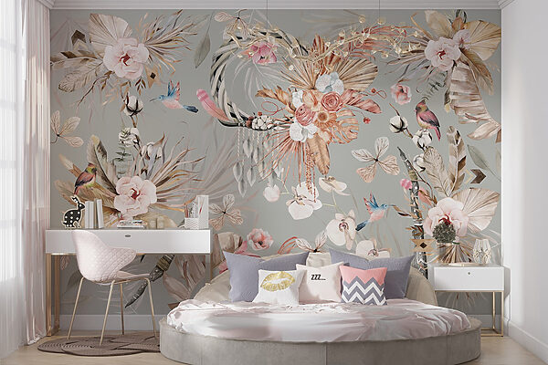 Papier peint avec des fleurs et des plumes Papier peint avec des fleurs et des plumes