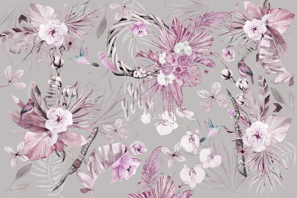 Papier peint avec des fleurs et des plumes Papier peint avec des fleurs et des plumes