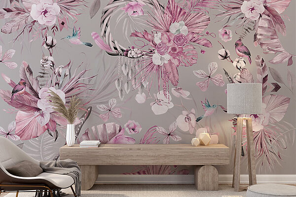 Papier peint avec des fleurs et des plumes Papier peint avec des fleurs et des plumes