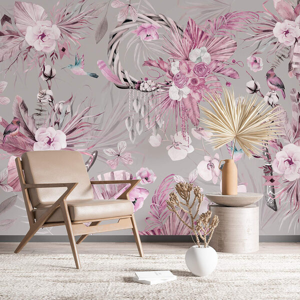 Papier peint avec des fleurs et des plumes Papier peint avec des fleurs et des plumes