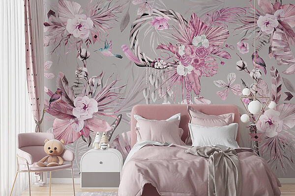 Papier peint avec des fleurs et des plumes Papier peint avec des fleurs et des plumes
