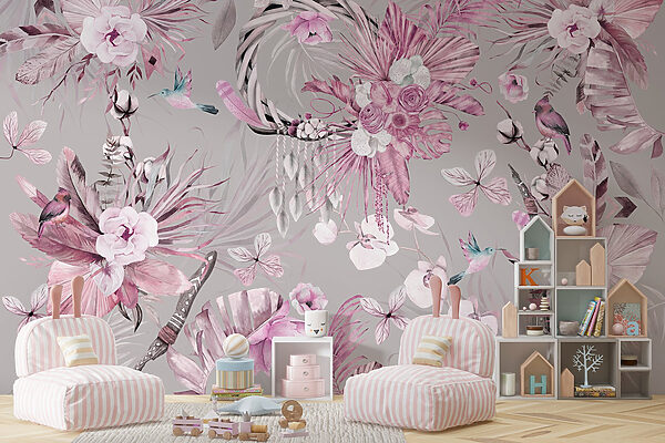 Papier peint avec des fleurs et des plumes Papier peint avec des fleurs et des plumes