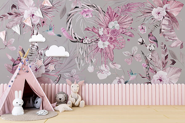 Papier peint avec des fleurs et des plumes Papier peint avec des fleurs et des plumes