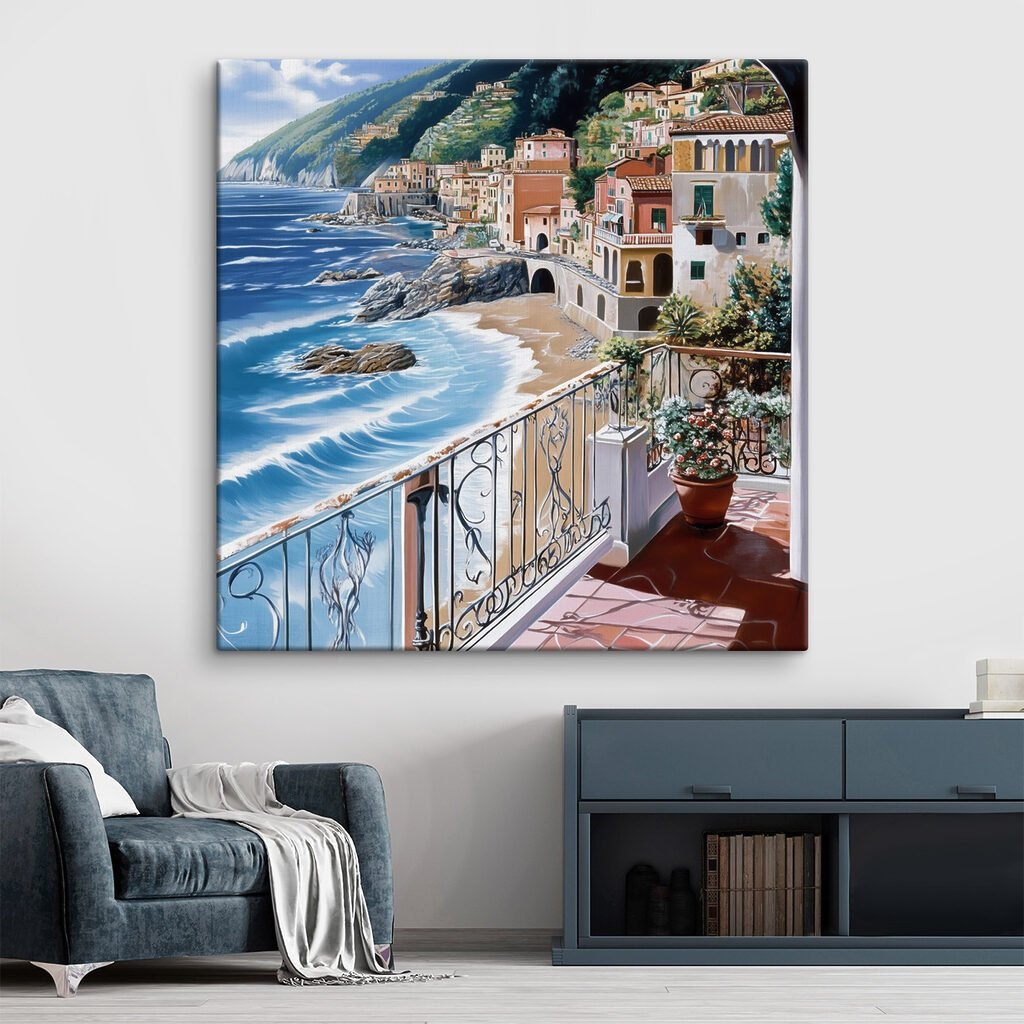 Balcony overlooking a beach and a town