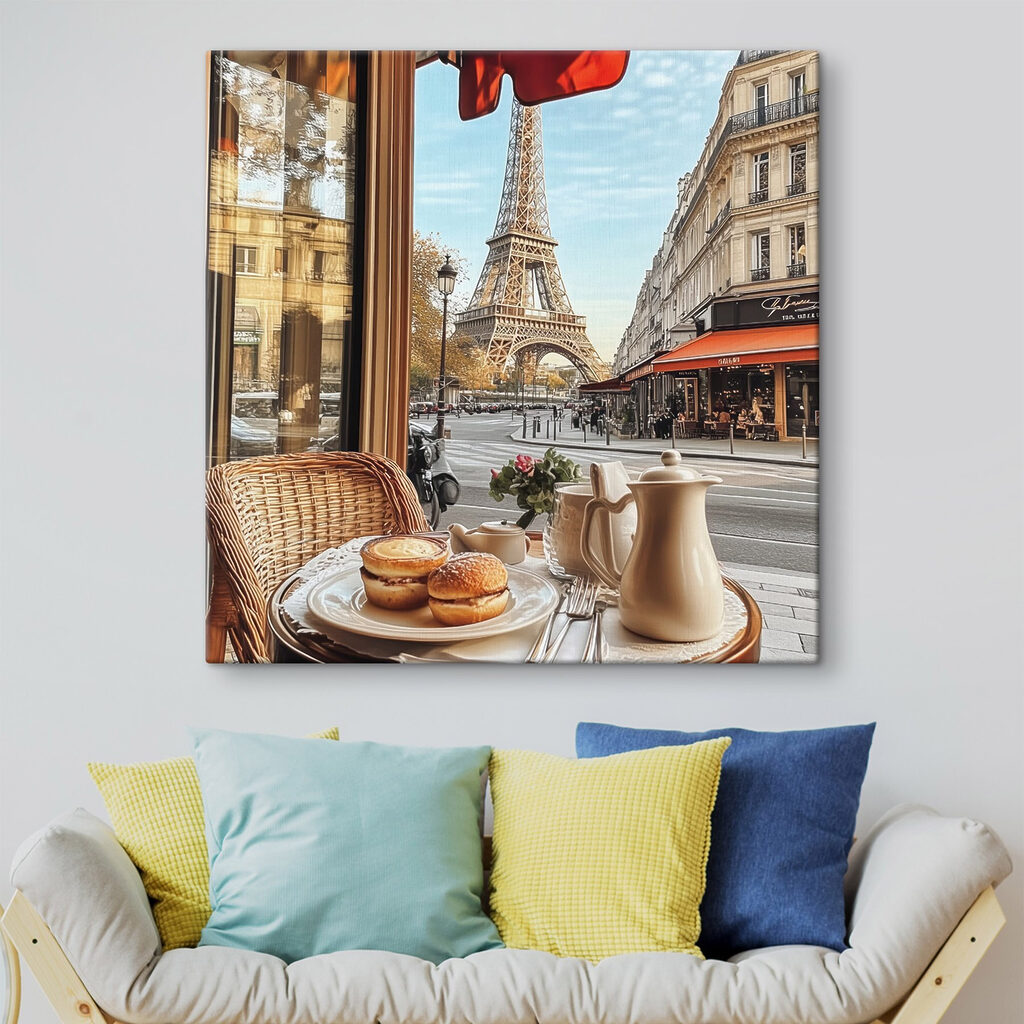 Table with food on it and a table with a tower in the background