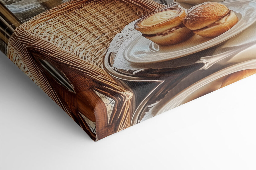 Table with food on it and a table with a tower in the background