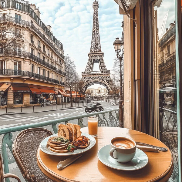 Table sur laquelle se trouve une assiette de nourriture et une tasse de café Table sur laquelle se trouve une assiette de nourriture et une tasse de café