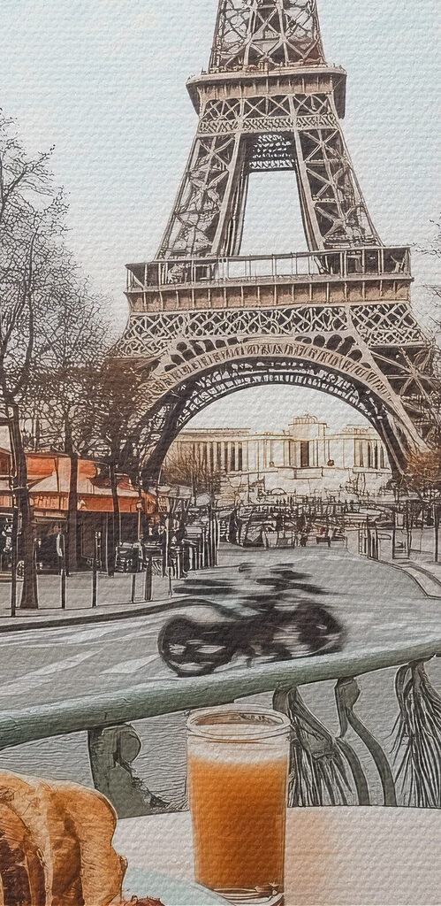 Table with a plate of food and a cup of coffee on it