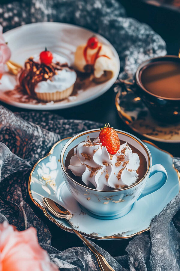Tasse de café avec de la crème fouettée et des fraises Tasse de café avec de la crème fouettée et des fraises