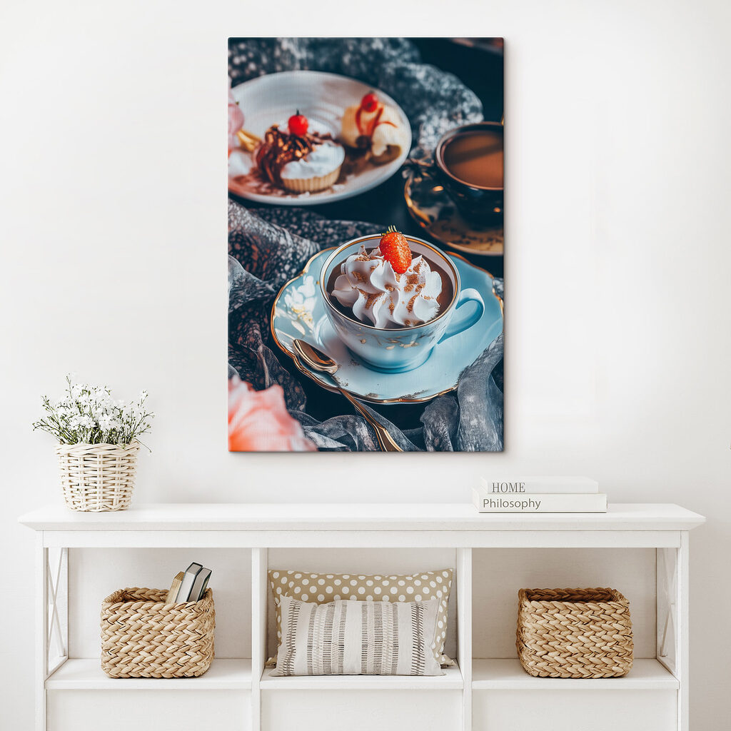 Cup of coffee with whipped cream and strawberries