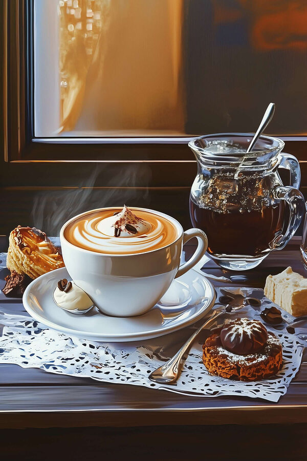 Une tasse de café et un pichet de thé Une tasse de café et un pichet de thé