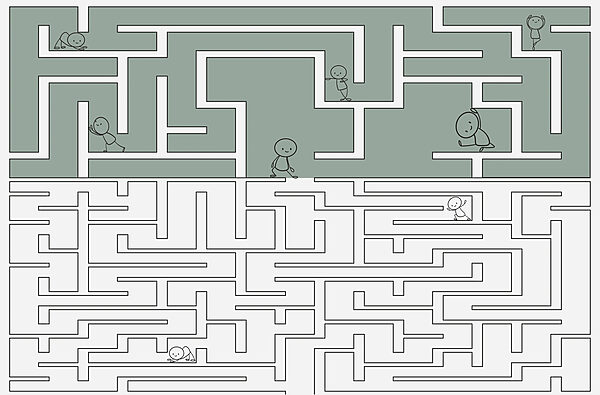 Jeu de labyrinthe avec des personnages de dessins animés marchant dans le labyrinthe Jeu de labyrinthe avec des personnages de dessins animés marchant dans le labyrinthe