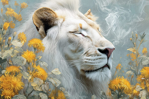 Lion avec fleurs et fumée Lion avec fleurs et fumée