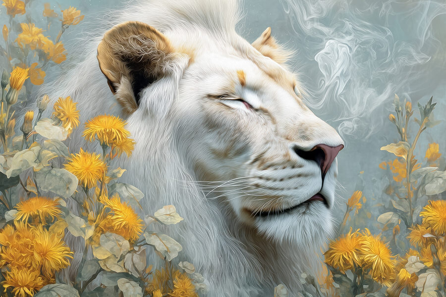 Lion avec fleurs et fumée