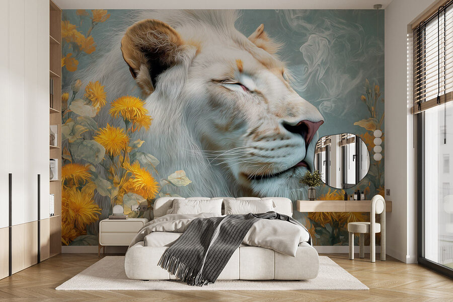 Lion avec fleurs et fumée