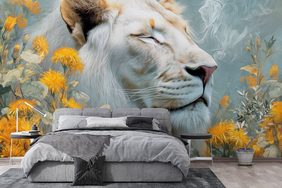 Lion avec fleurs et fumée