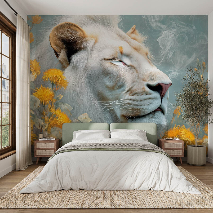 Lion avec fleurs et fumée