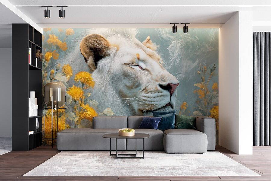 Lion avec fleurs et fumée
