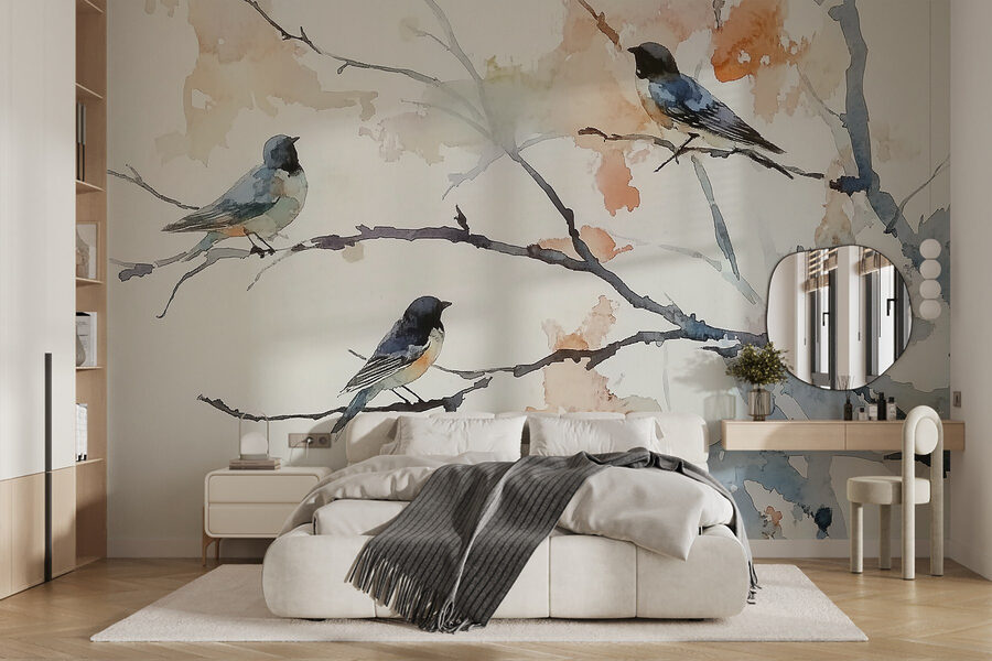 Aquarelle d'oiseaux sur une branche d'arbre