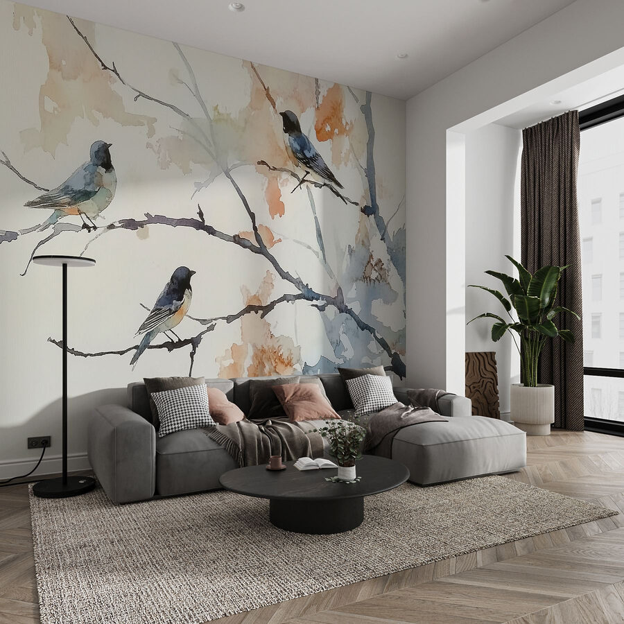 Aquarelle d'oiseaux sur une branche d'arbre
