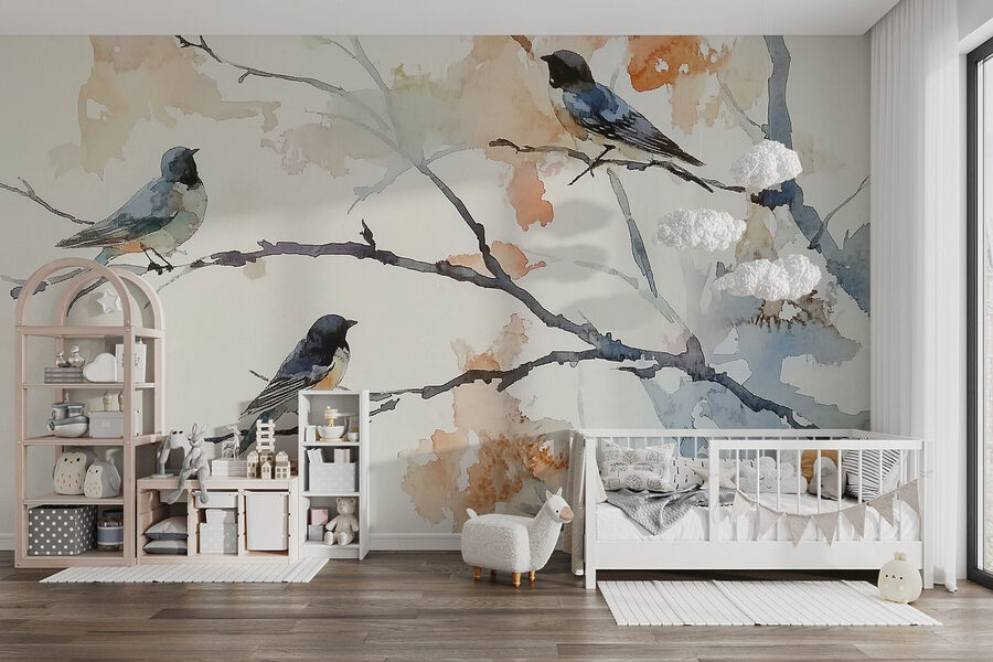 Aquarelle d'oiseaux sur une branche d'arbre