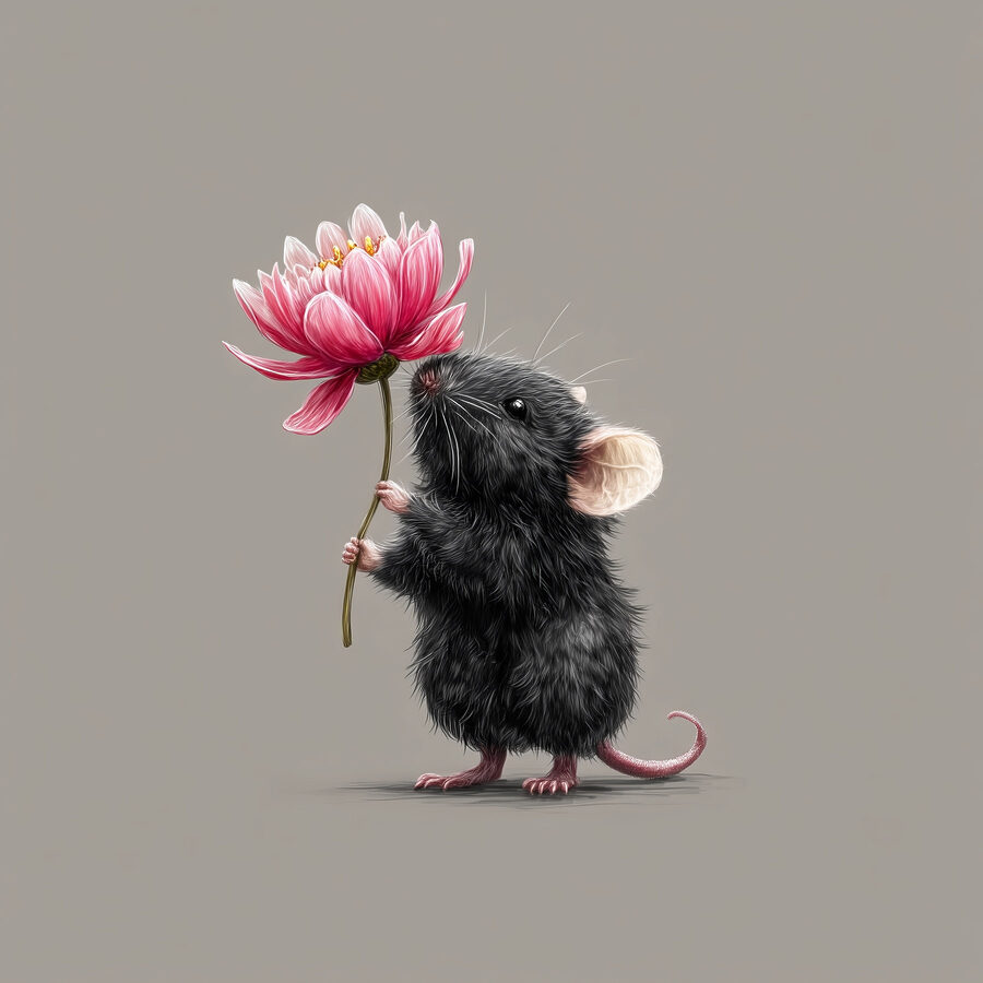 Souris tenant une fleur