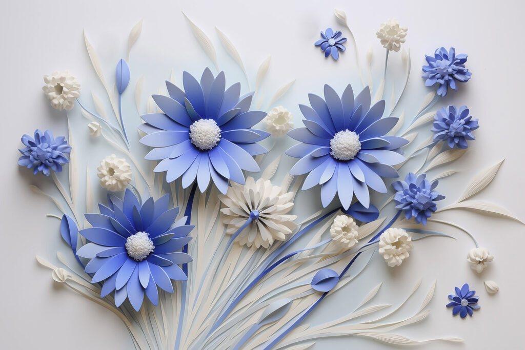 Blue and white paper flowers
