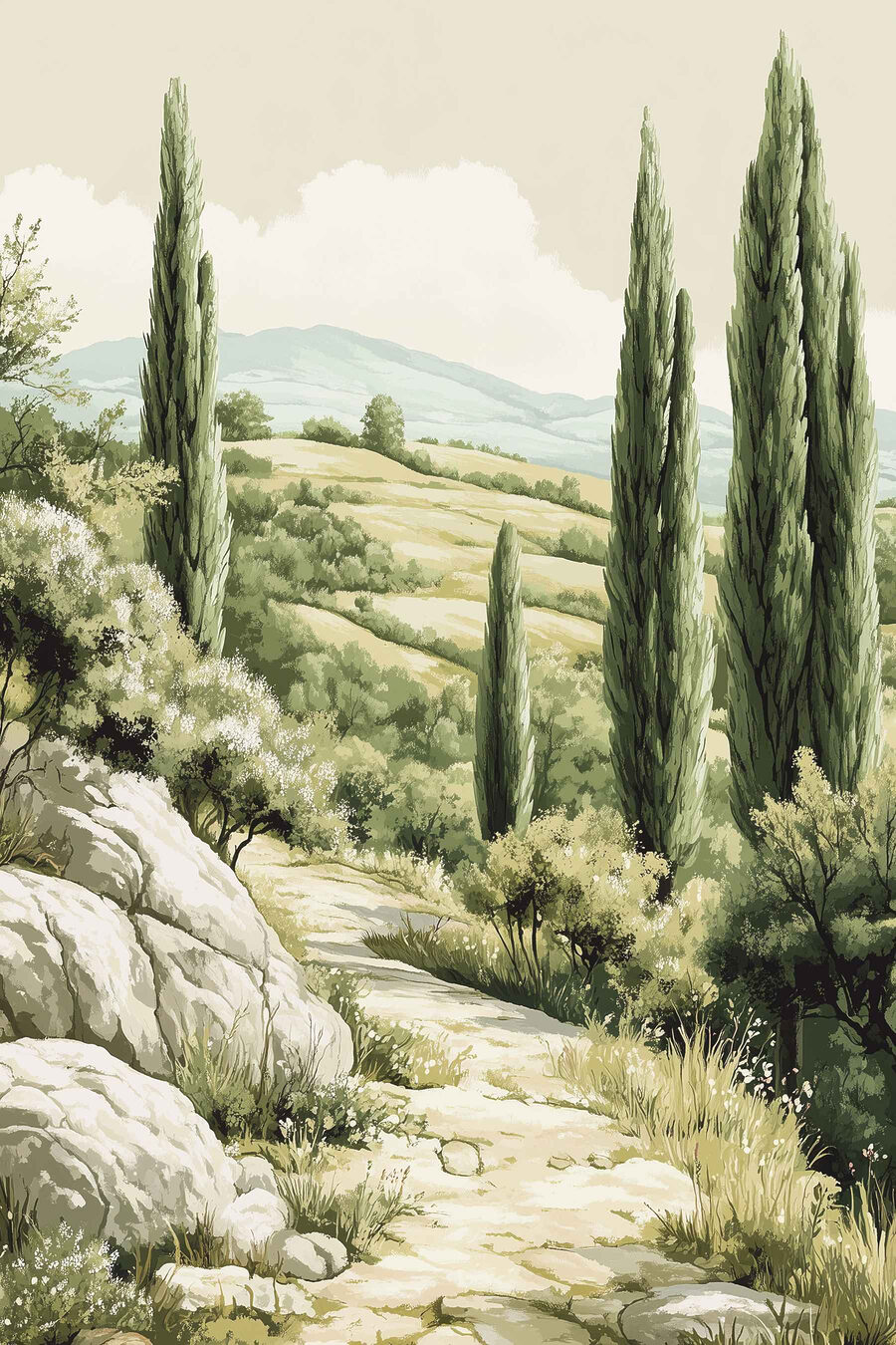 Paysage avec arbres et collines