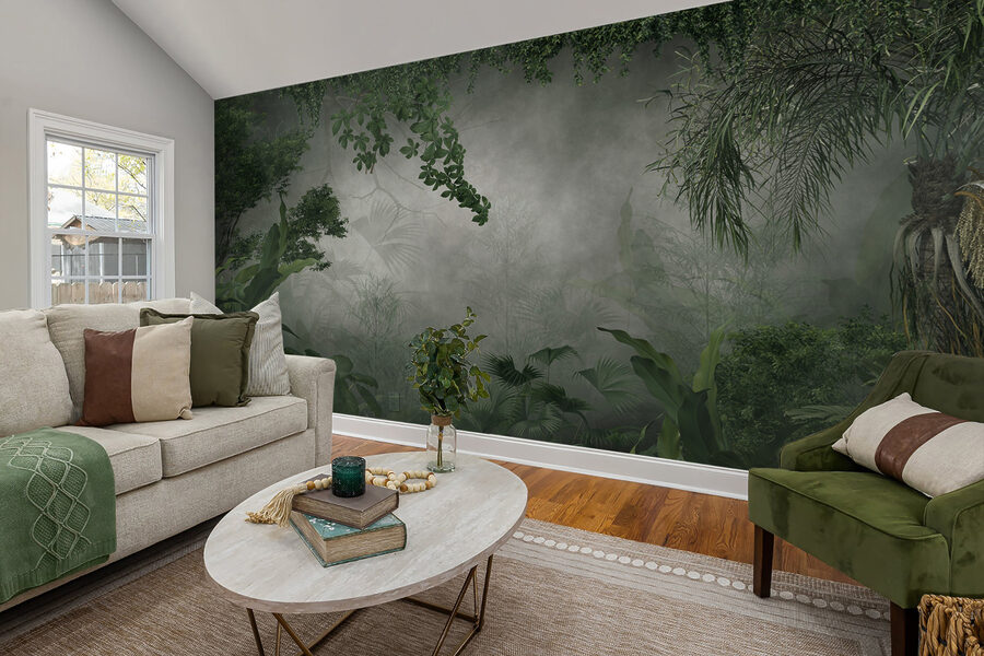 Forêt brumeuse avec plantes et arbres