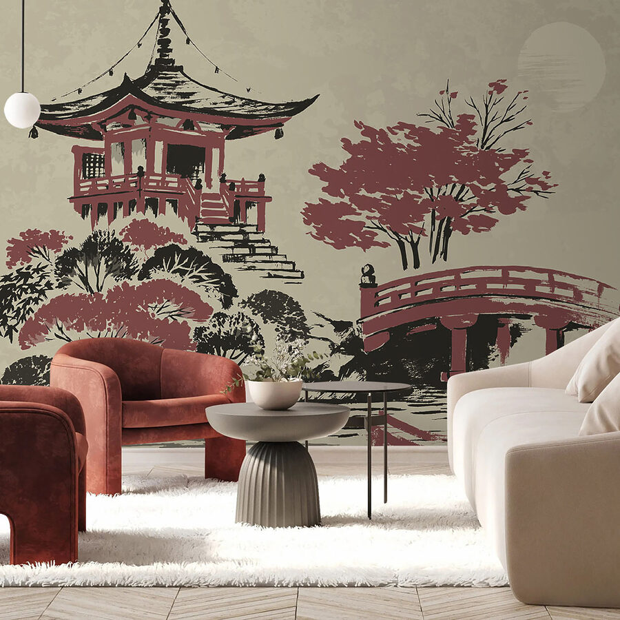Peinture d'une pagode et d'un pont