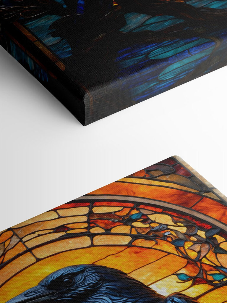 A stained glass window with a bird on a branch