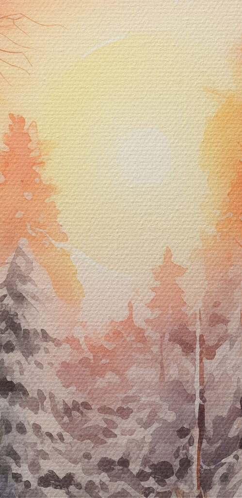 Watercolor painting of a snowy forest