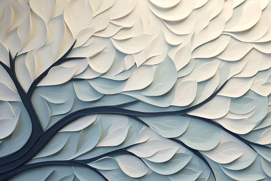 Arbre blanc et bleu avec des feuilles