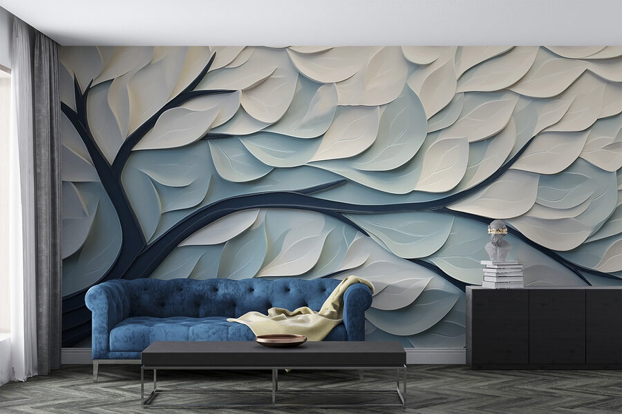 Arbre blanc et bleu avec des feuilles