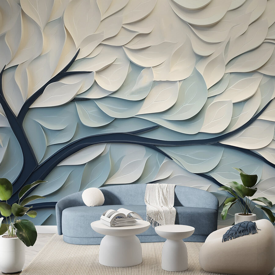 Arbre blanc et bleu avec des feuilles