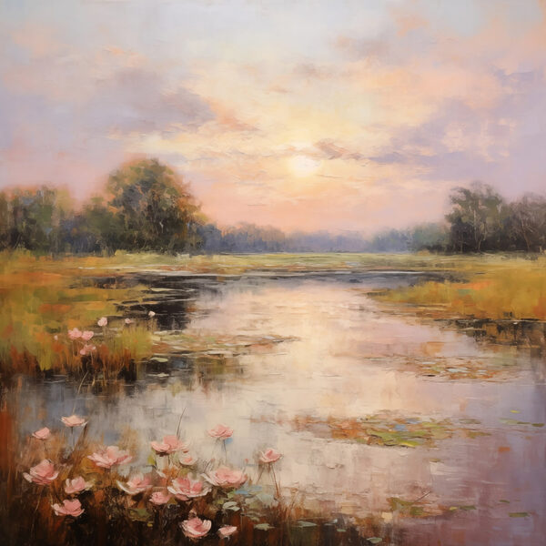 Peinture d'un lac avec des fleurs Peinture d'un lac avec des fleurs