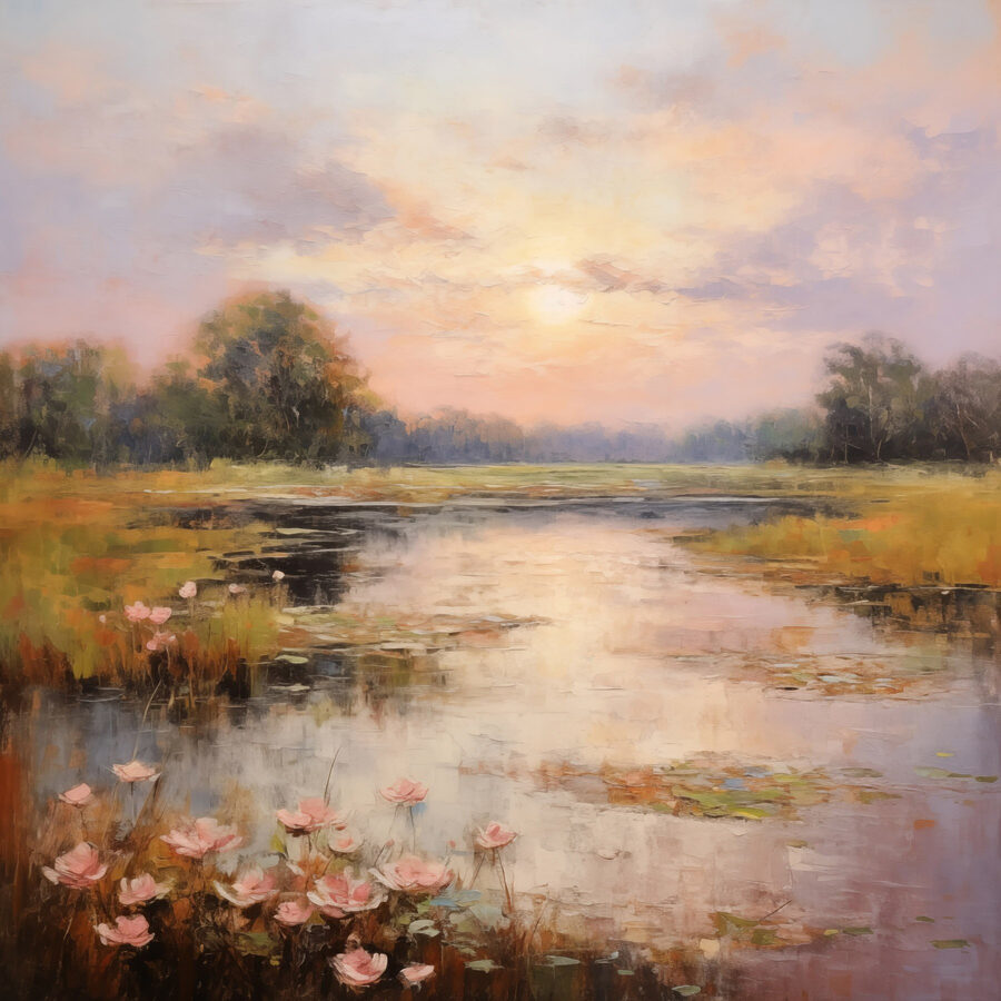 Peinture d'un lac avec des fleurs