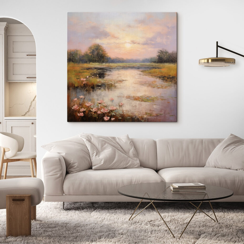 Painting of a lake with flowers