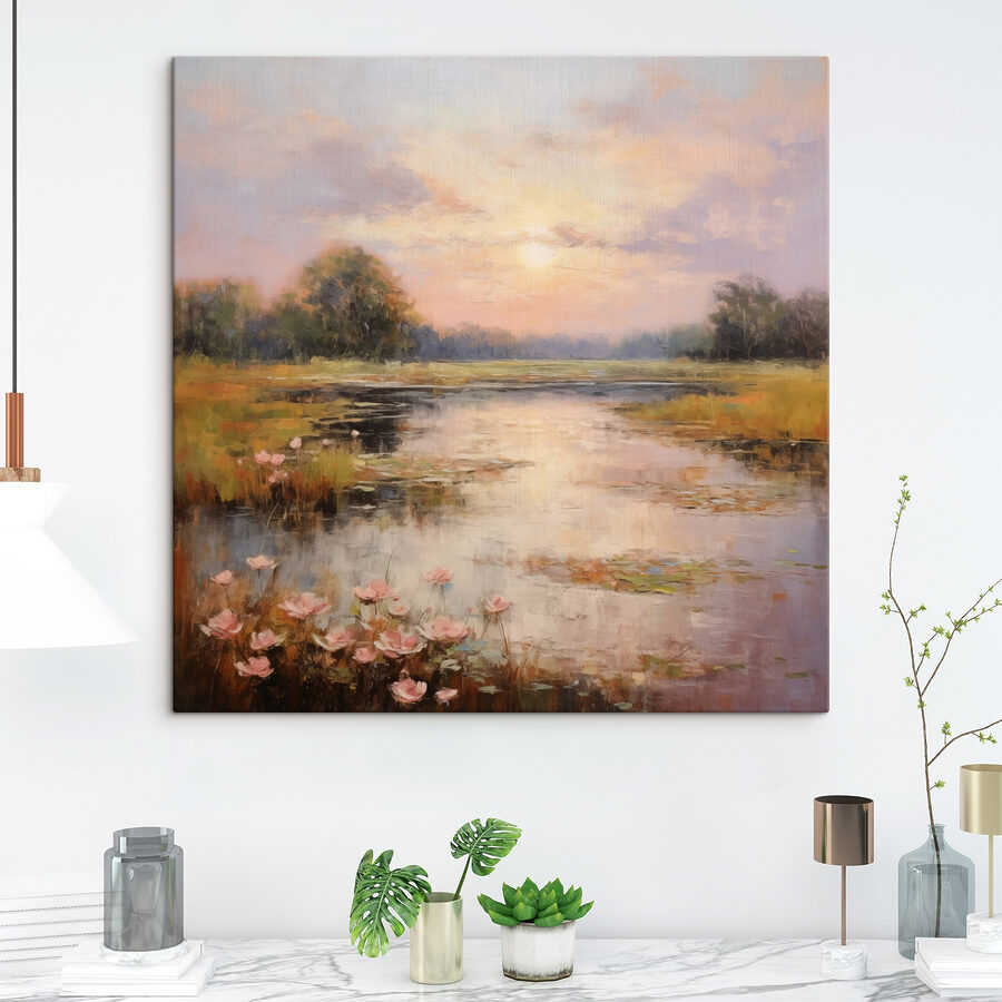 Peinture d'un lac avec des fleurs