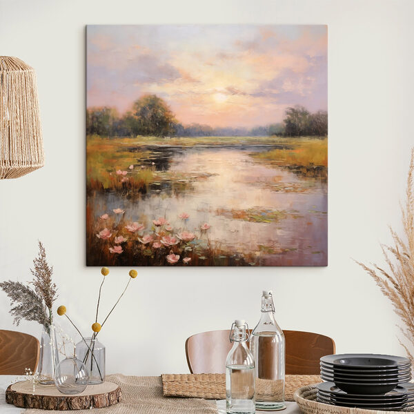 Peinture d'un lac avec des fleurs Peinture d'un lac avec des fleurs