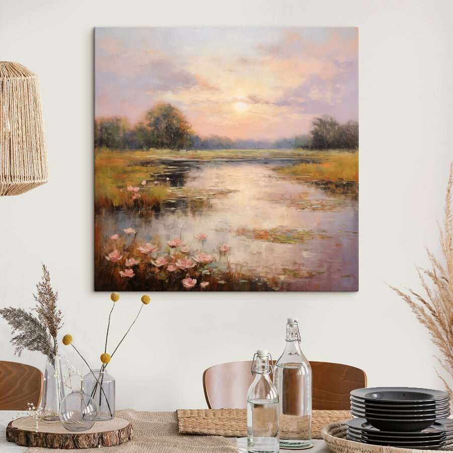 Peinture d'un lac avec des fleurs