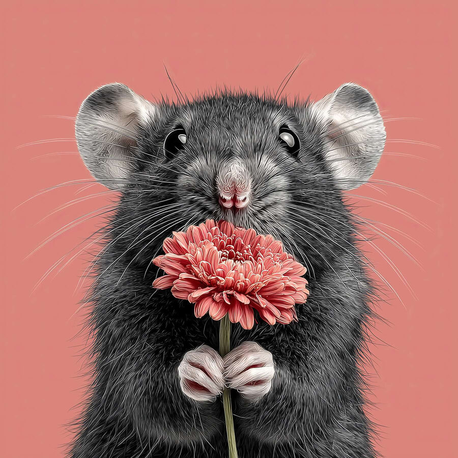 Souris tenant une fleur