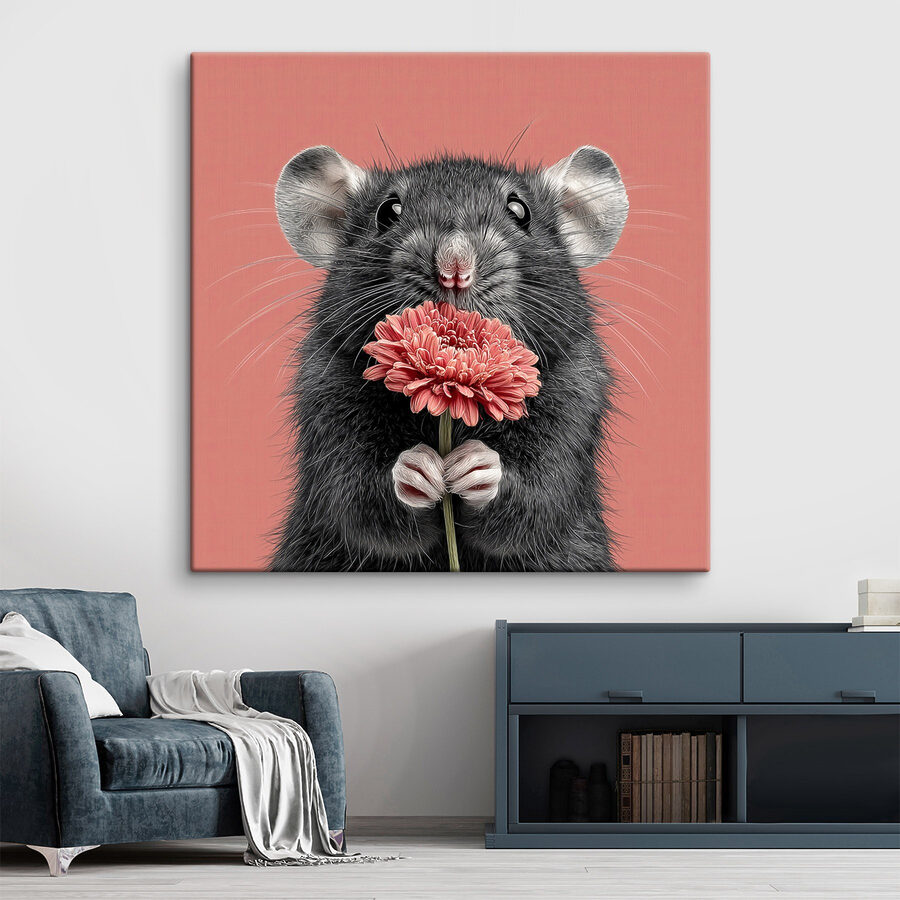Souris tenant une fleur