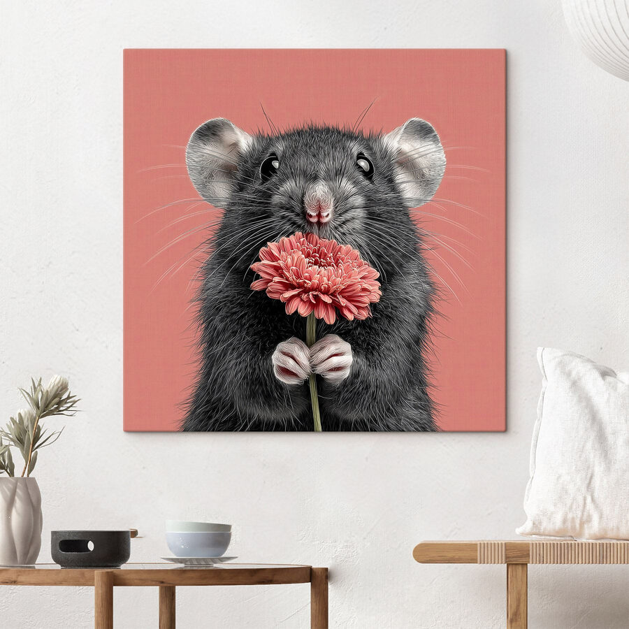 Souris tenant une fleur