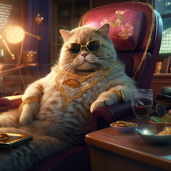 Chat portant des lunettes de soleil et un collier, assis sur une chaise Chat portant des lunettes de soleil et un collier, assis sur une chaise