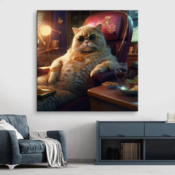 Chat portant des lunettes de soleil et un collier, assis sur une chaise Chat portant des lunettes de soleil et un collier, assis sur une chaise